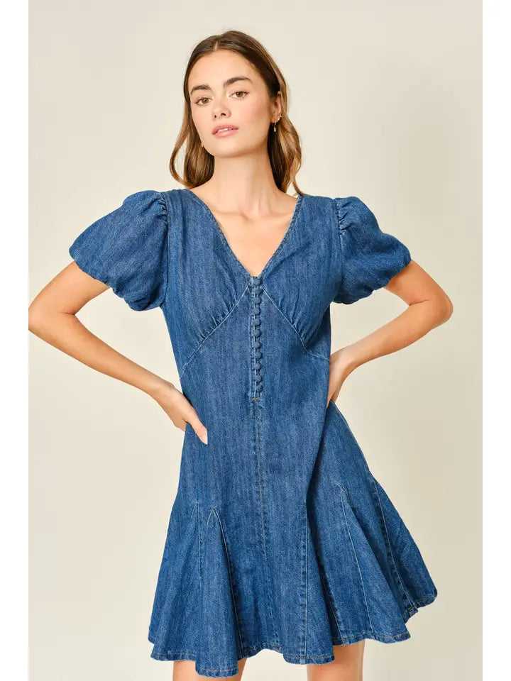 Puff Sleeve Mini Dress - Denim
