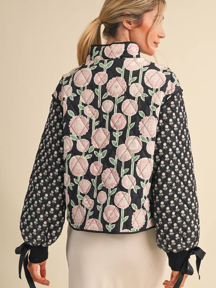 Quilted Floral Jacket with Ribbon Detail - Black Multi