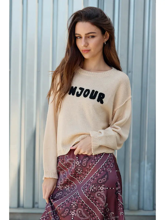 Bonjour Bouclé Lettering Sweater - Light Beige