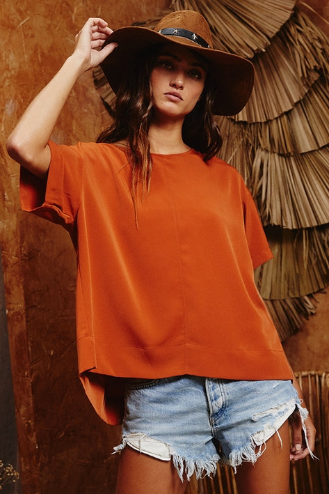 Keyhole Detail Pleated Top - Rust - Final Sale