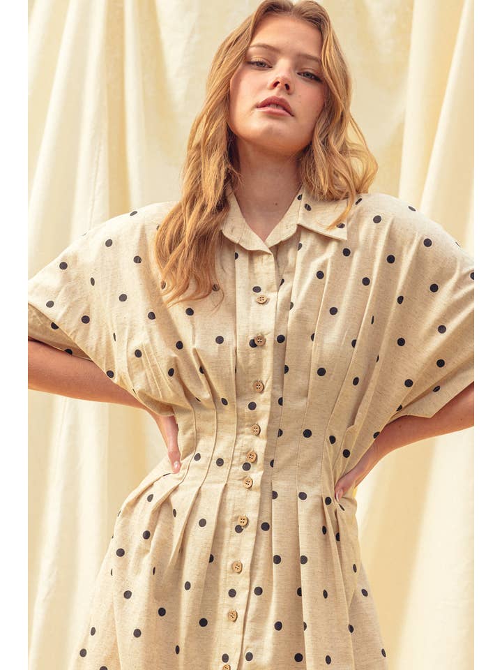 Polka Dot Shirt Dress - Oatmeal/Black