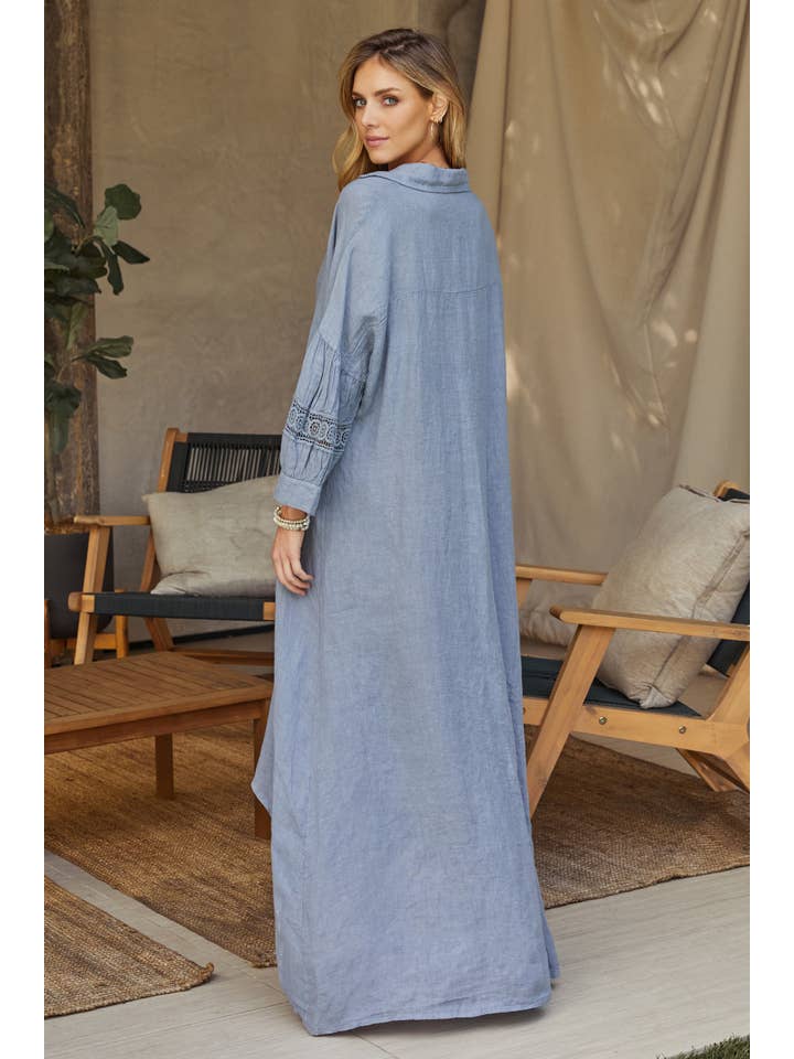 Linen Mesh Sleeve Maxi Dress - Blue