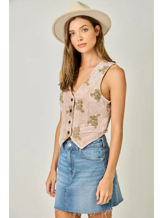 Embroidered Corduroy Vest - Washed Rose