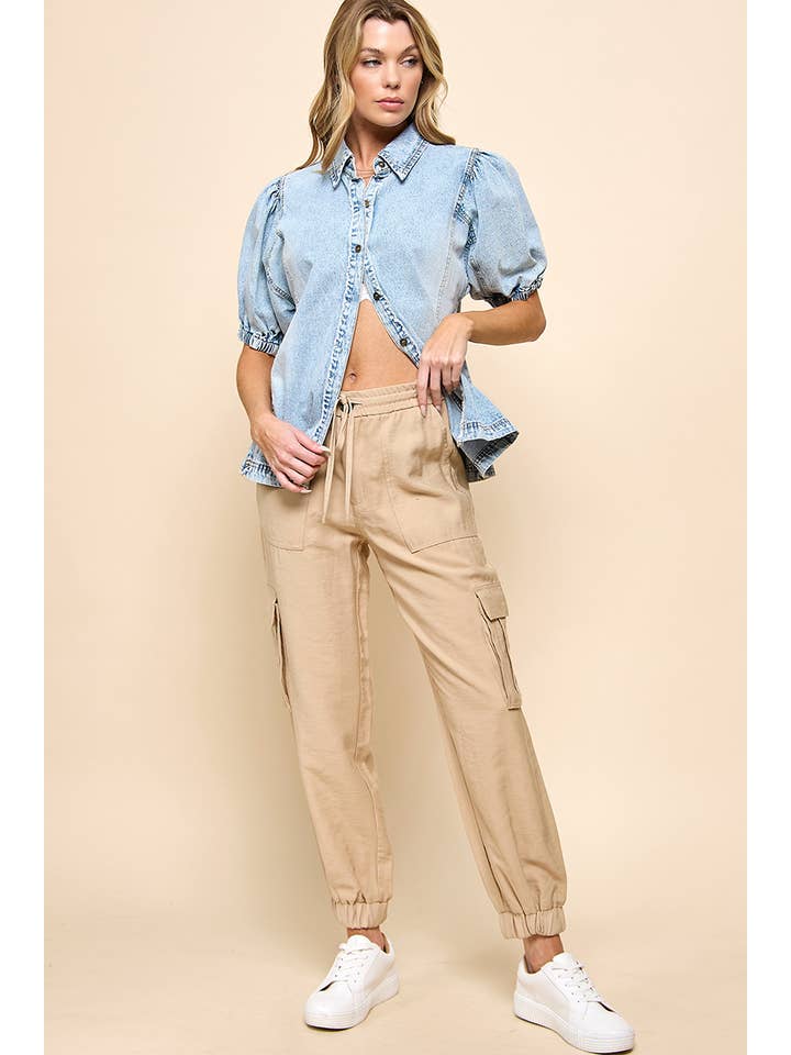 Puff Sleeve Denim Top - Light Blue