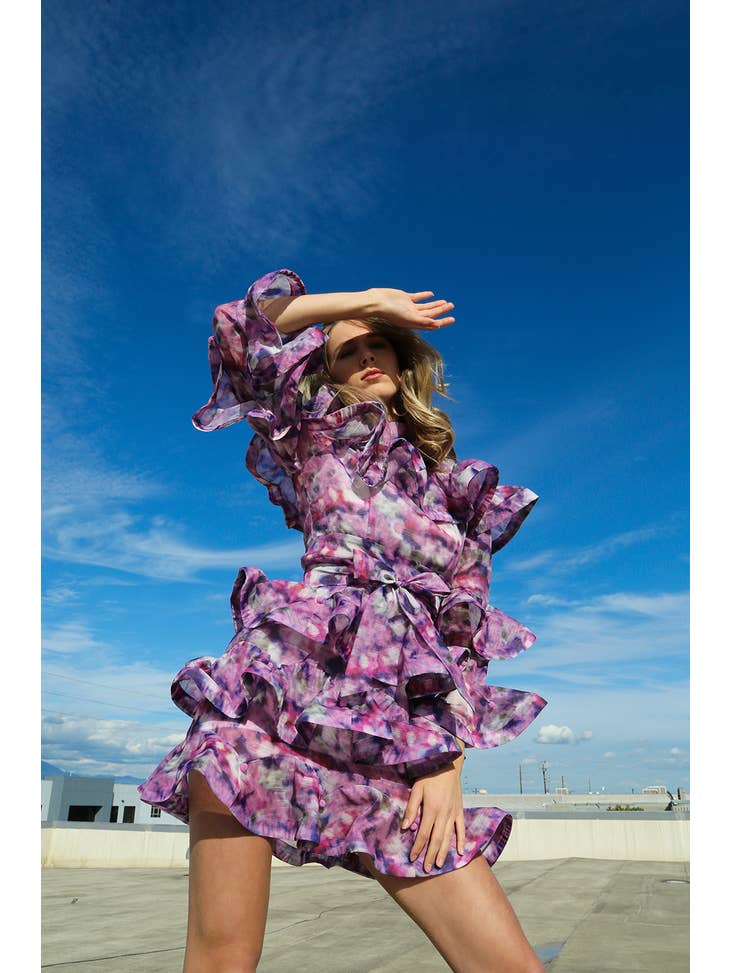 Ruffled Watercolor Mini Dress - Purple
