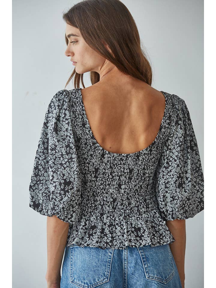 Floral Smocked Top - Black Multi
