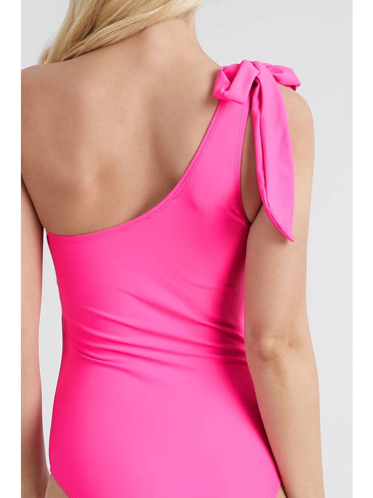 One-Off Shoulder Tie Swimsuit - Pink