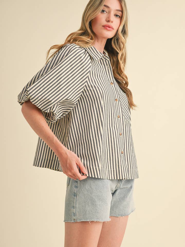Striped Bubble Sleeve Button Down - Black
