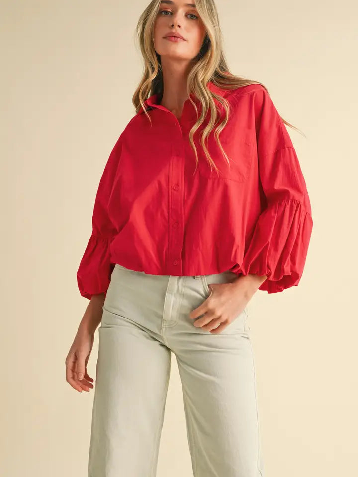 Bubble Sleeve Button Down - Berry Red