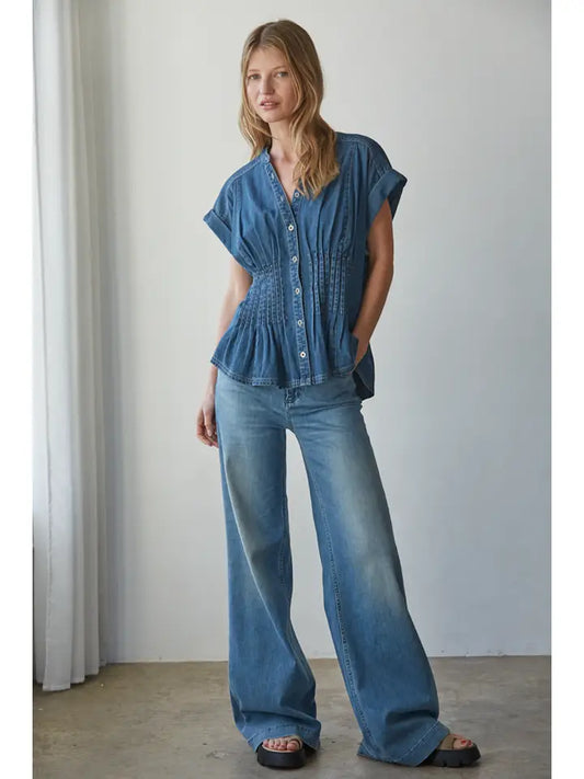Pleated Button Down Top - Dark Denim