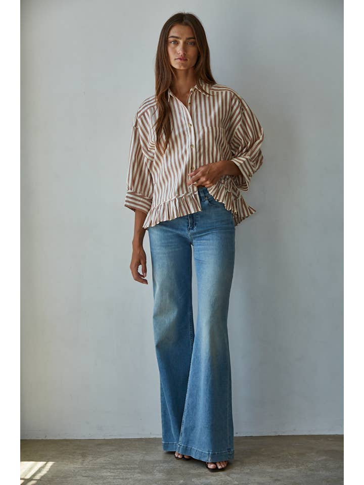 Ruffle Hem Button Down - Ivory/Rust