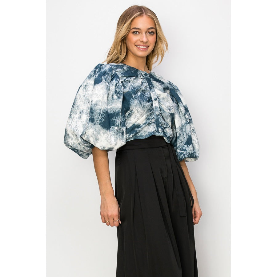 Puff Sleeve Printed Top - Denim Multi