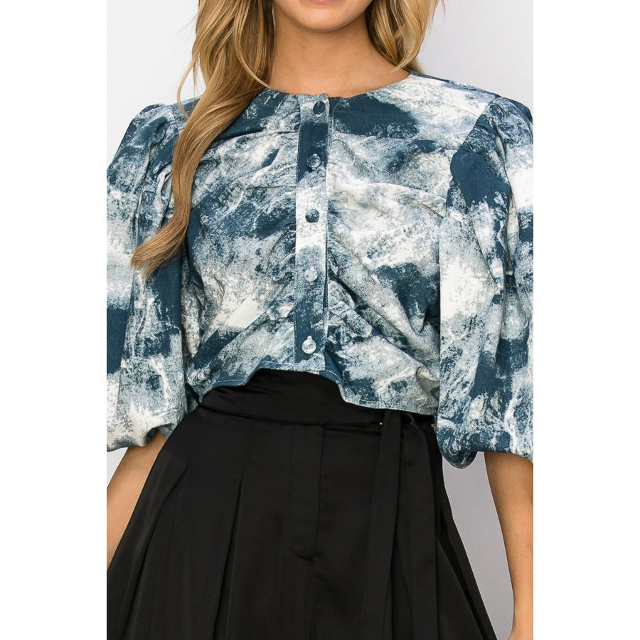 Puff Sleeve Printed Top - Denim Multi
