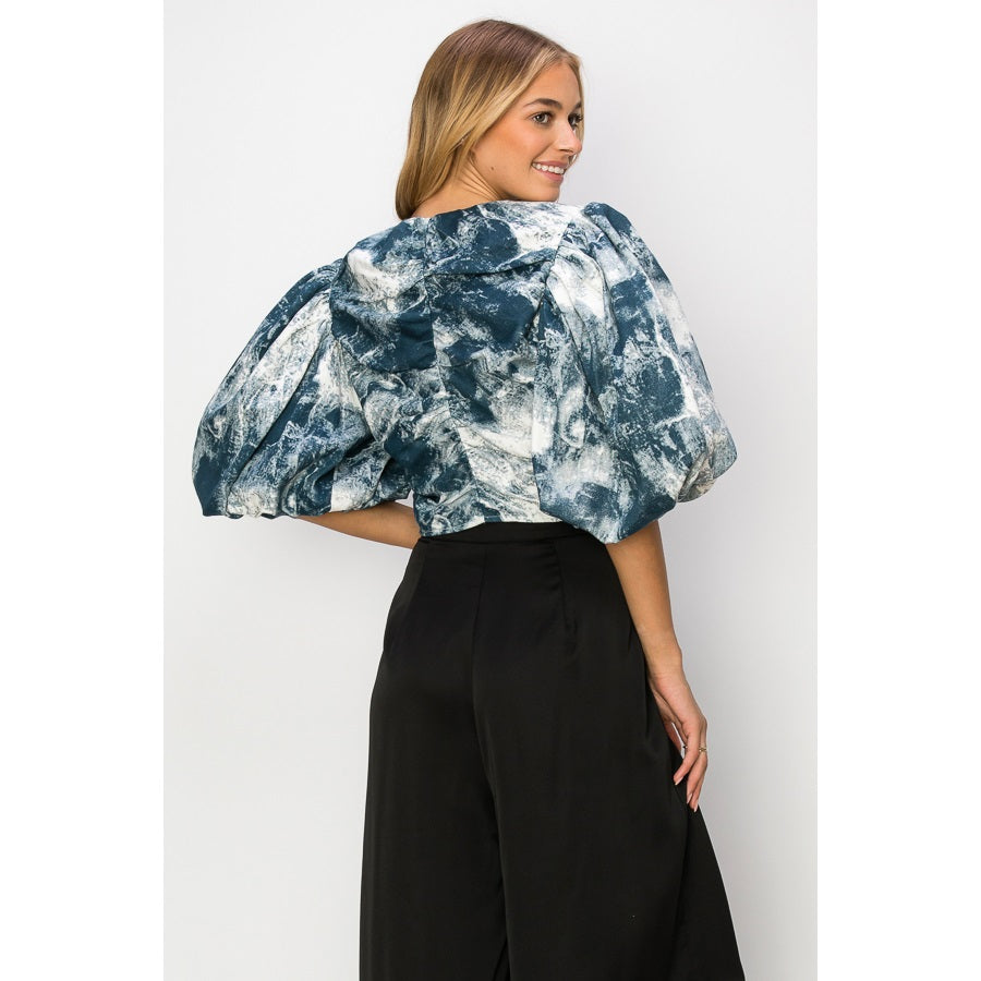 Puff Sleeve Printed Top - Denim Multi