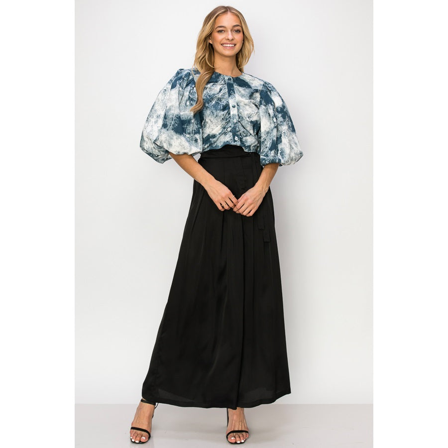 Puff Sleeve Printed Top - Denim Multi