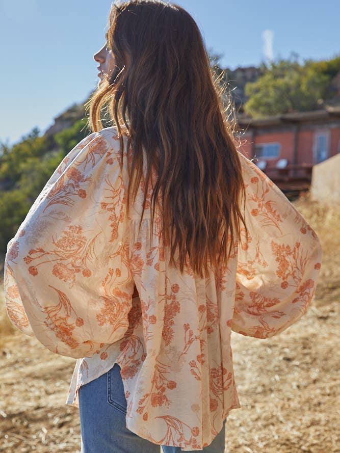 Woven Floral Long Sleeve Top - Ivory Multi