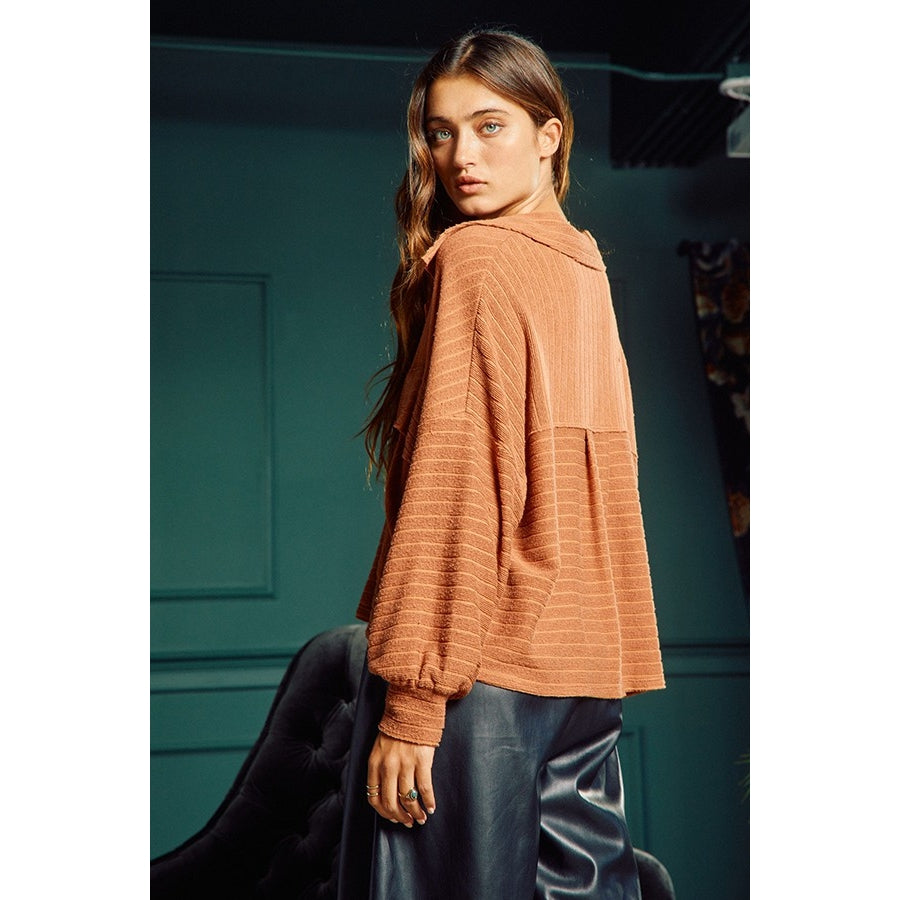 Rib Knit Shirt Jacket - Brown