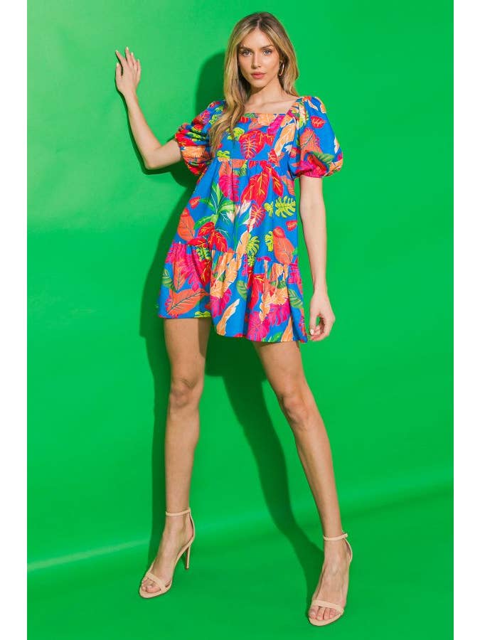 Printed Woven Mini Dress - Blue