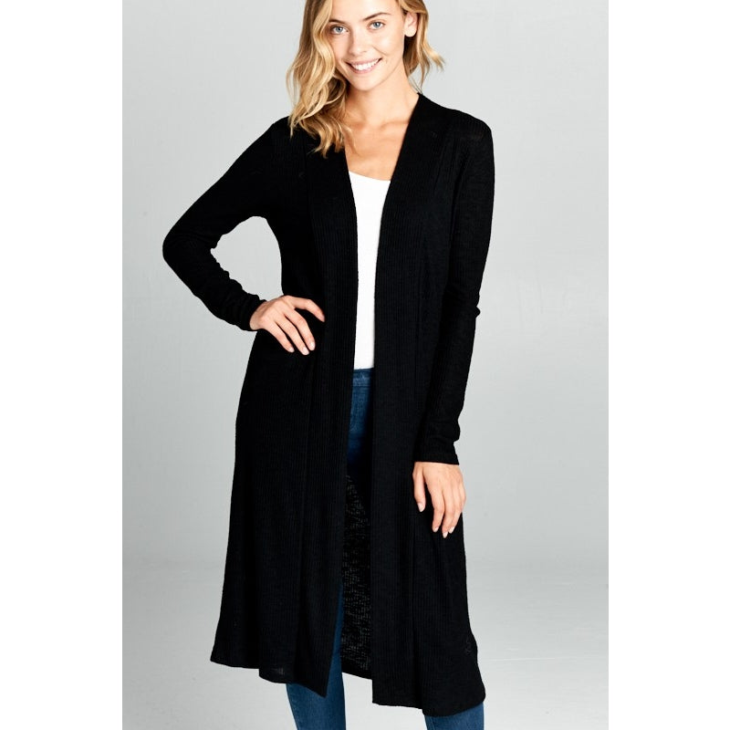 Long Sleeve Ribbed Cardigan - Black