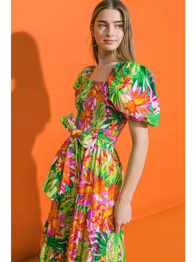 Printed Poplin Midi Dress - Green Fuschia