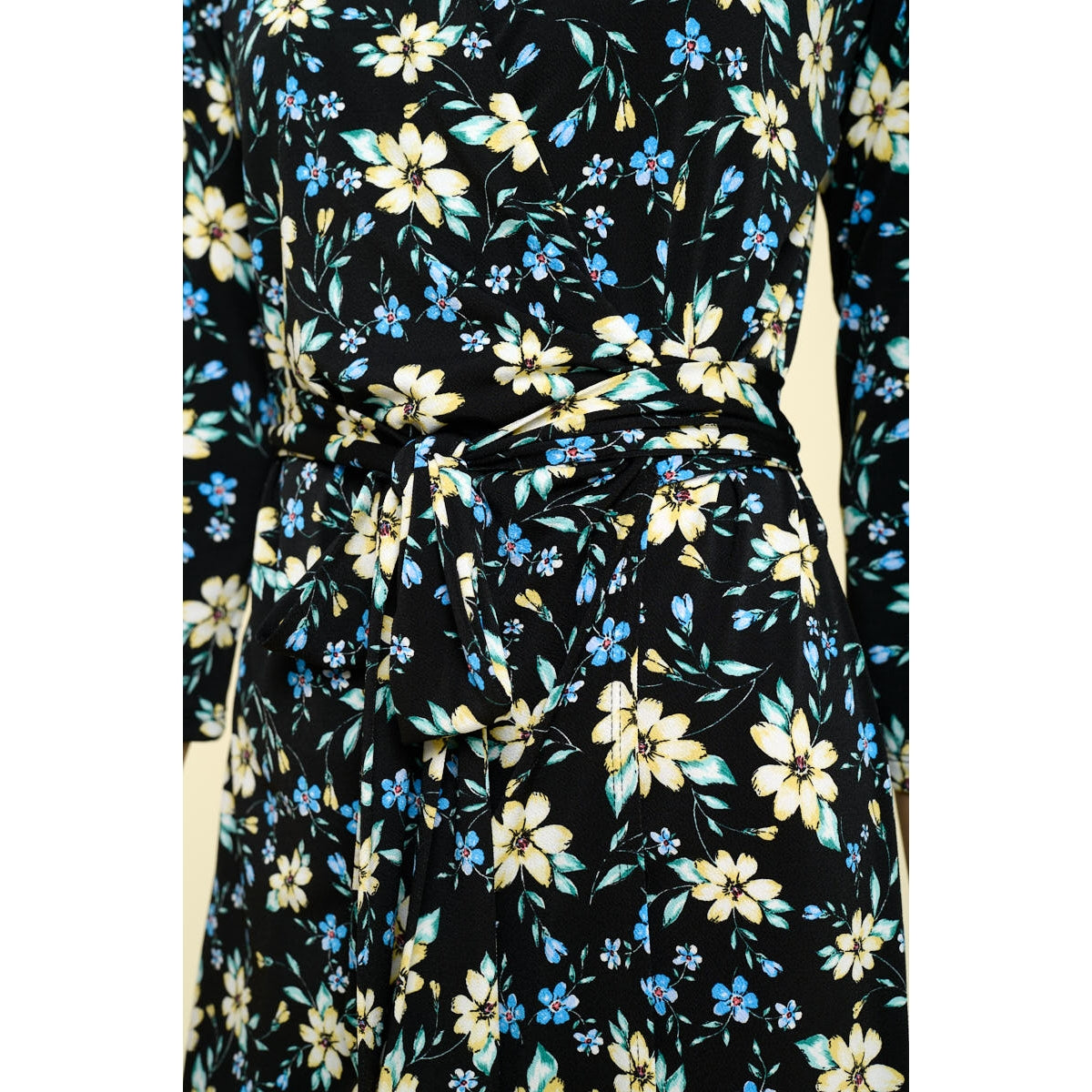 Floral Print V-Neck Wrap Dress - Black