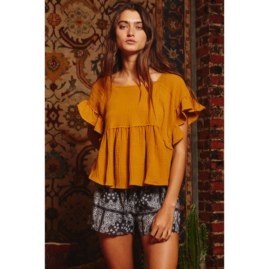 Square Neck Babydoll Top - Camel