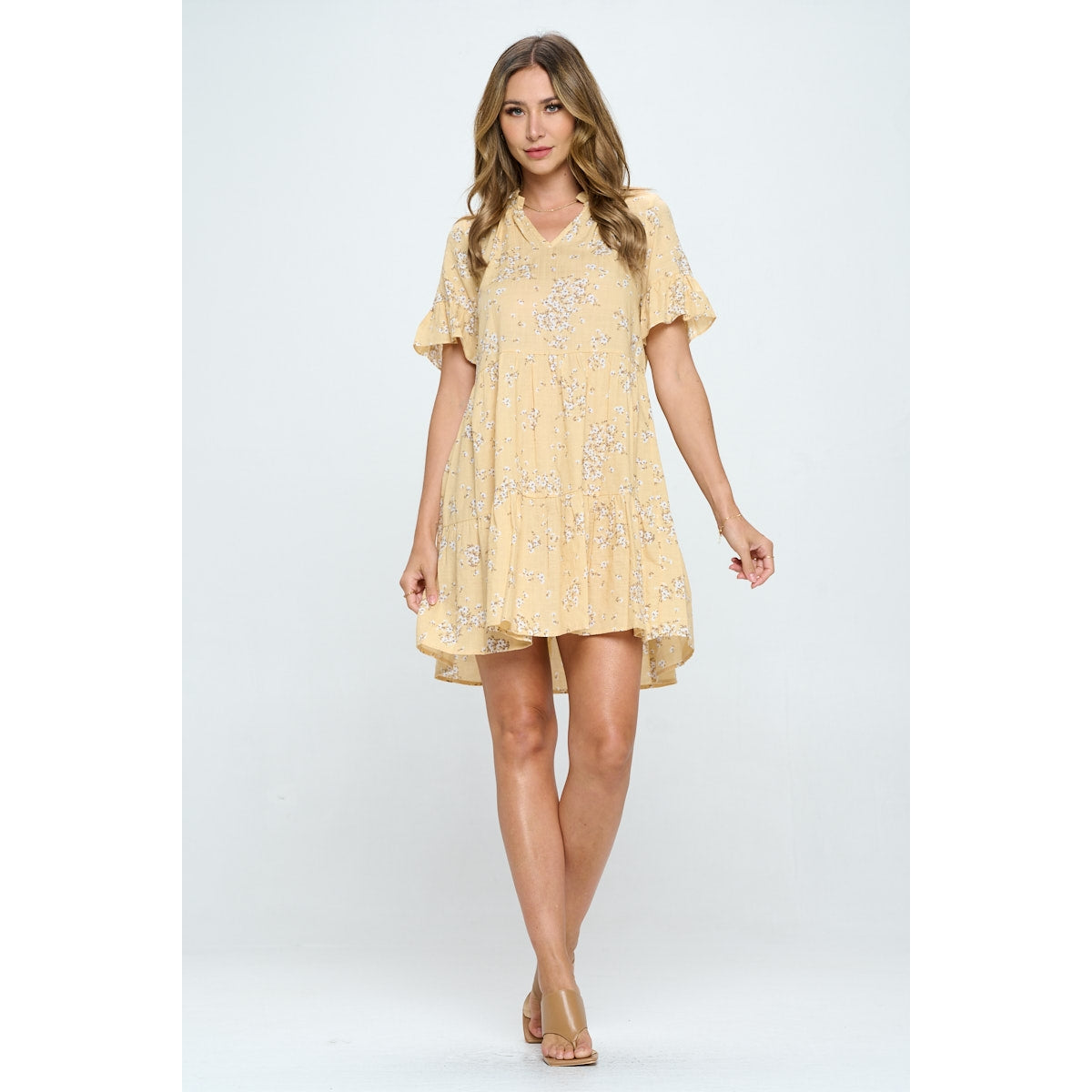 Floral V-Neck Tiered Dress - Yellow