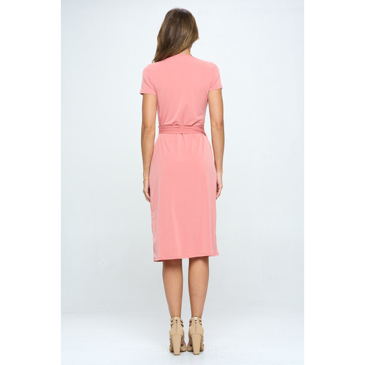 V Neck Wrap Dress with Tie - Pink