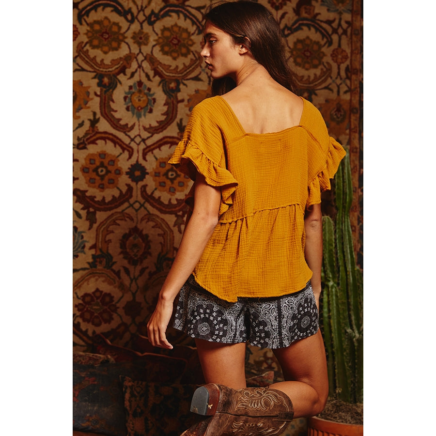 Square Neck Babydoll Top - Camel