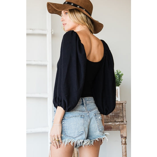 Lantern Sleeve Bodysuit - Black - Final Sale