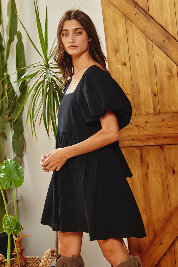 Puff Sleeve Mini Dress- Black