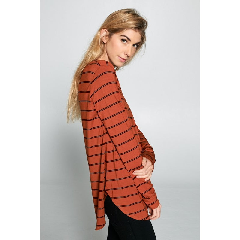 Modal Striped V Neck Top - Rust