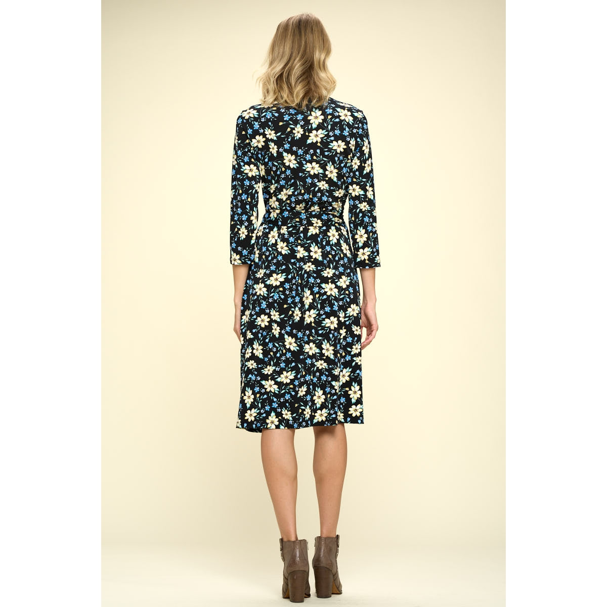 Floral Print V-Neck Wrap Dress - Black