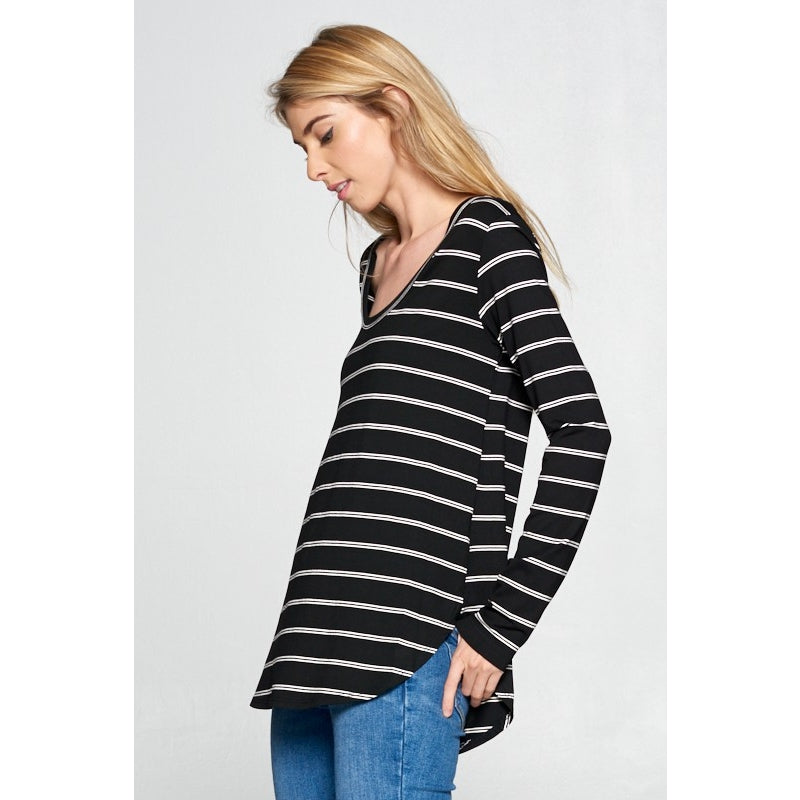 Modal Striped V Neck Top - Black