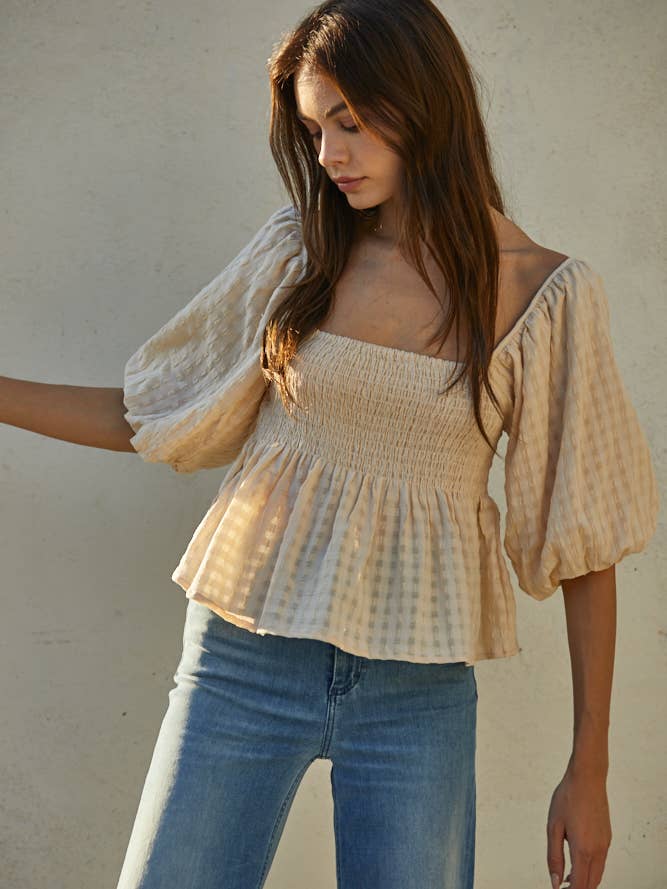 Puffy Sleeve Smocking Chest Top - Cream