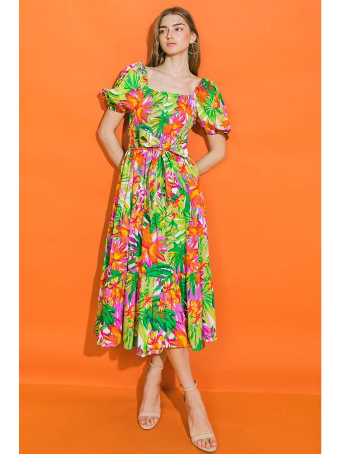 Printed Poplin Midi Dress - Green Fuschia