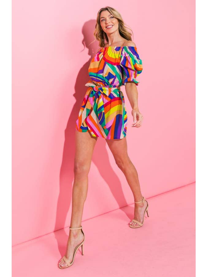 Printed Poplin Romper - Rainbow