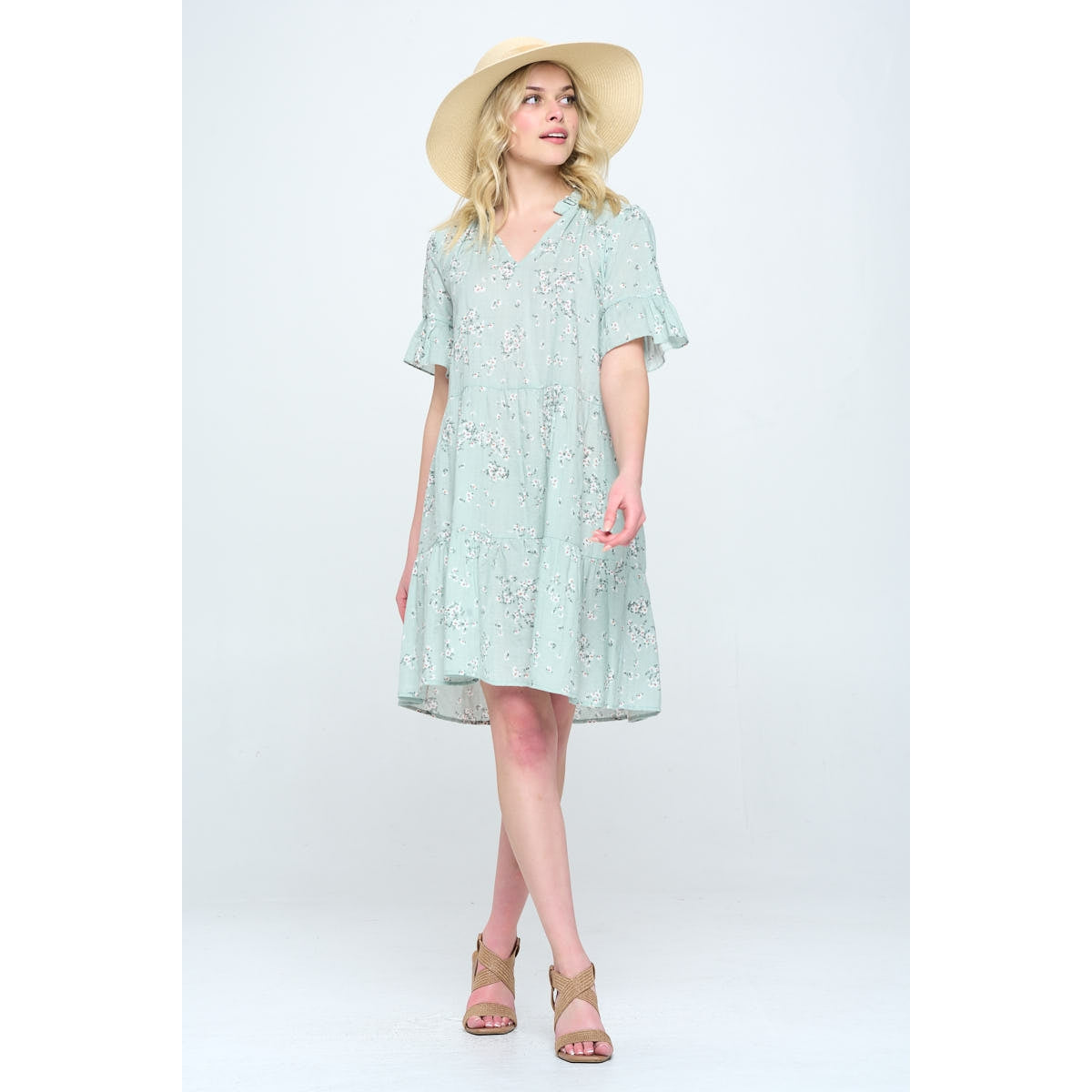 Floral V-Neck Tiered Dress - Sage