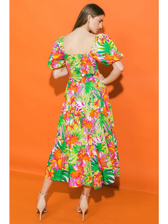 Printed Poplin Midi Dress - Green Fuschia