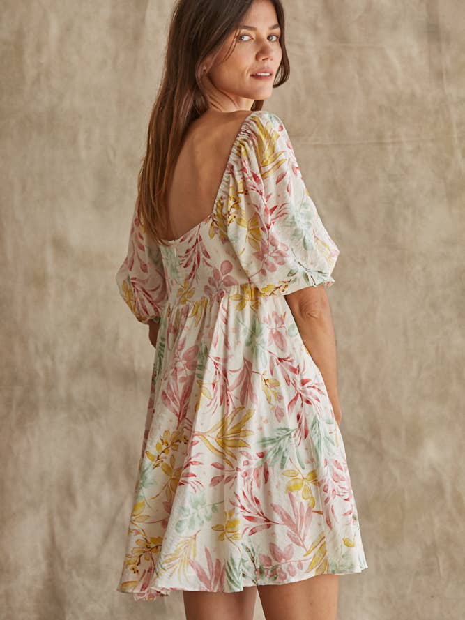 Floral Printed Square Neck Dress - Cream