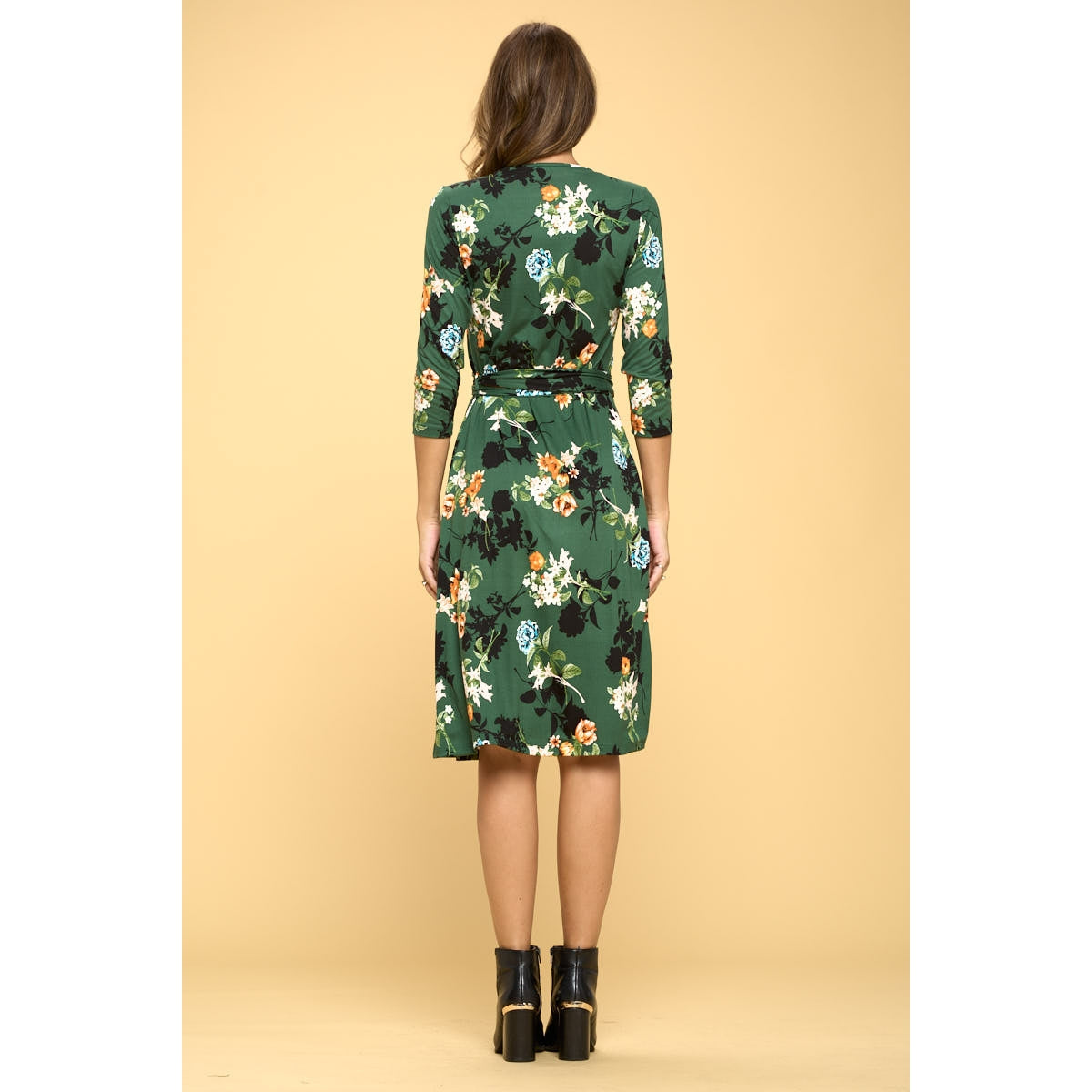 Floral Print V Neck Wrap Dress - Green