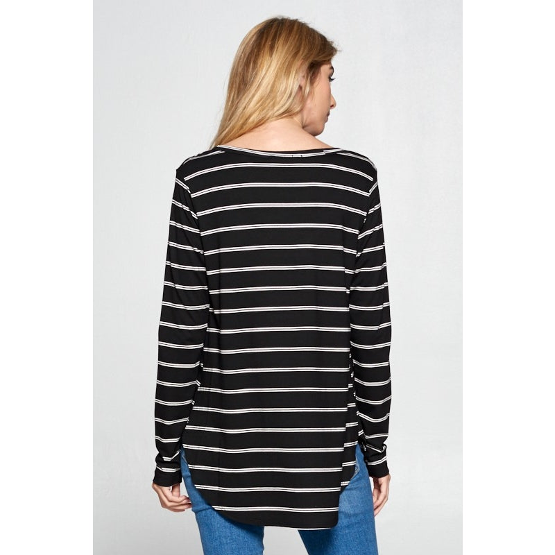 Modal Striped V Neck Top - Black