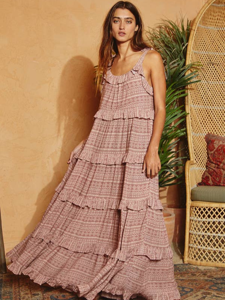 Aztec Print Tiered Maxi Dress - Dusty Mauve