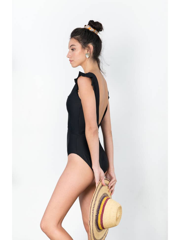Low V Neck Ruffle Swimsuit - Black