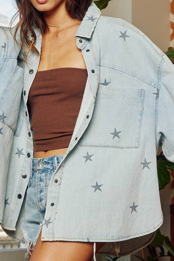Star Print Washed Denim Shacket