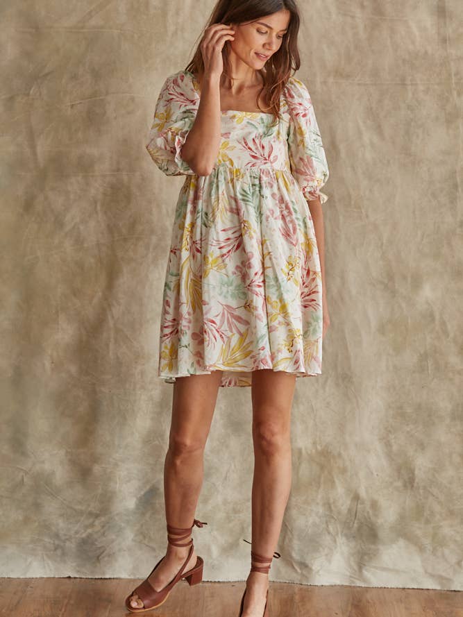 Floral Printed Square Neck Dress - Cream