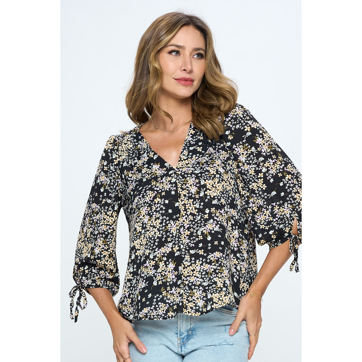 Floral Print Top with Self Tie Sleeves - Black