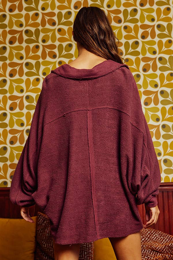 French Terry Knit Collared Top- Burgundy