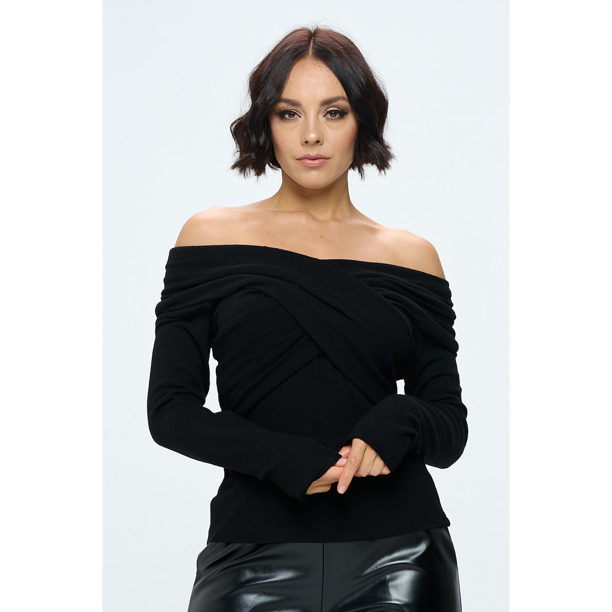 Brushed Knit Wrap Off the Shoulder Top