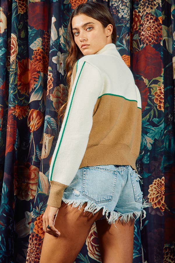 Sweater Knit Zip Up- Taupe Stripe
